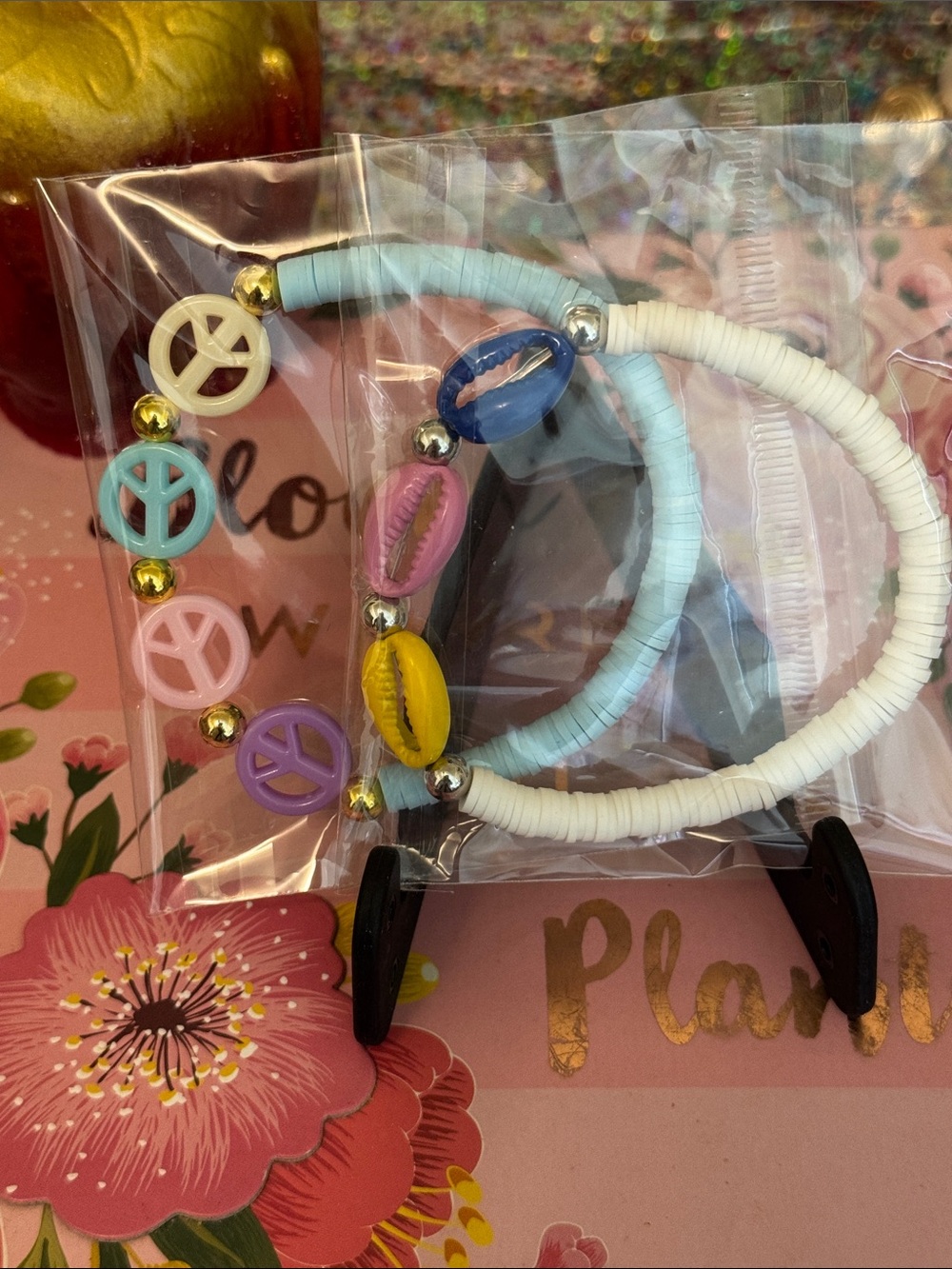 Colorful Peace Sign & Shell Bead Bracelet Set - Pastel Multi